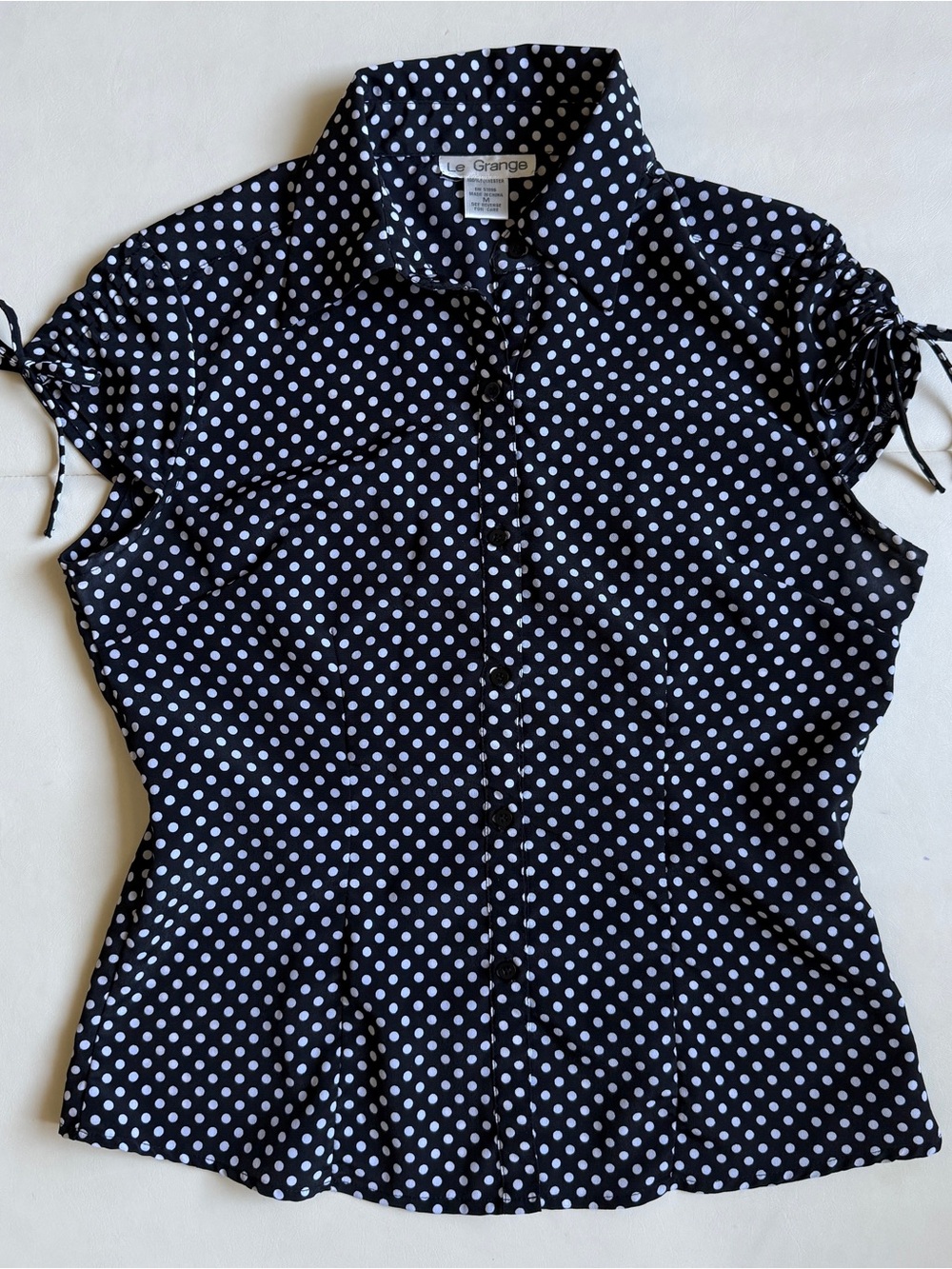Le Grange Vintage Polka Dot Ribbon Sleeve Blouse Navy White Retro Top M